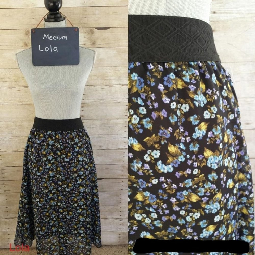 NWT LuLaRoe Medium Lola Skirt - Chiffon Blue Flowers on Black